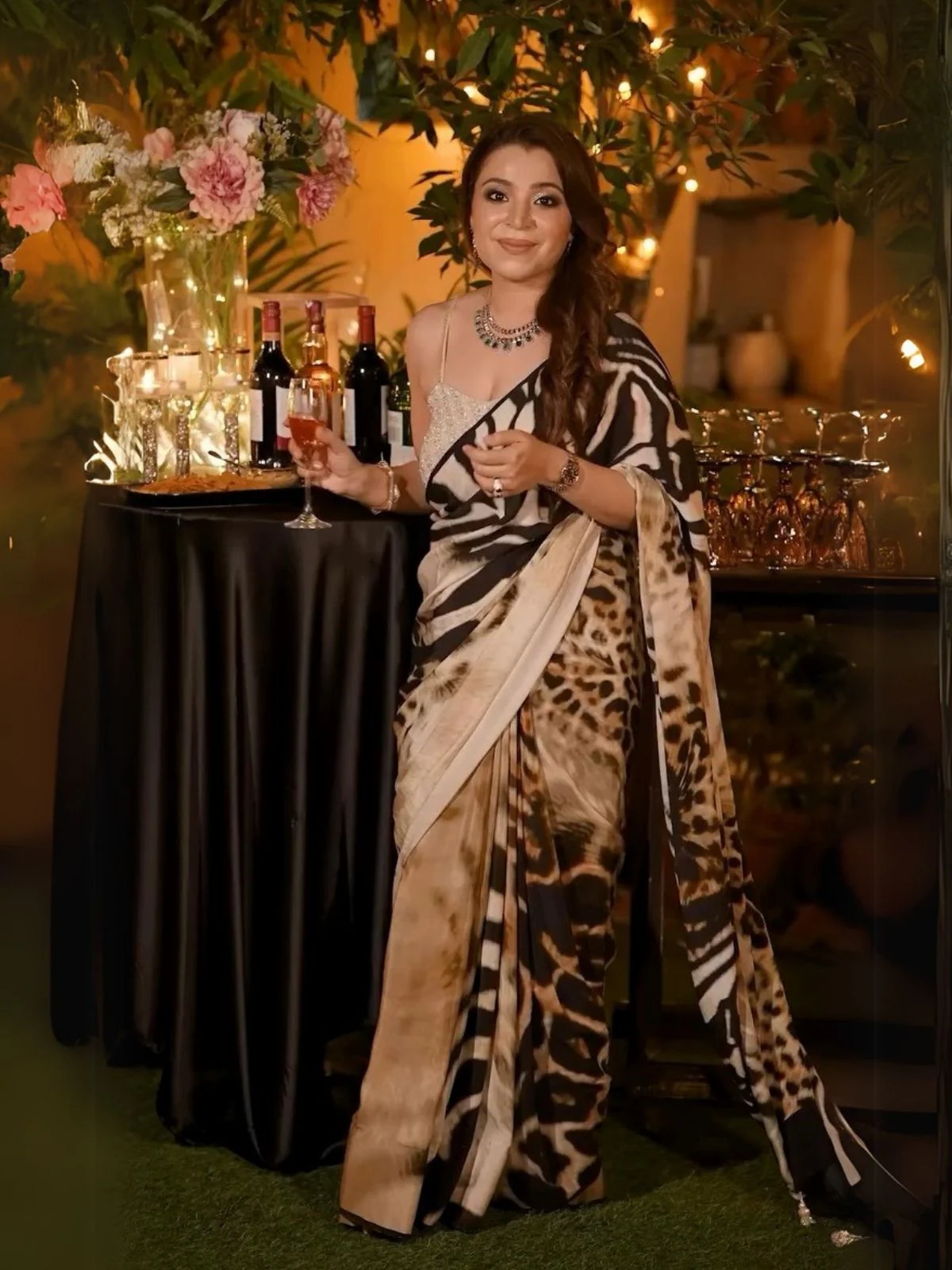 Odette Cream And Brown Animal Print Saree For Women