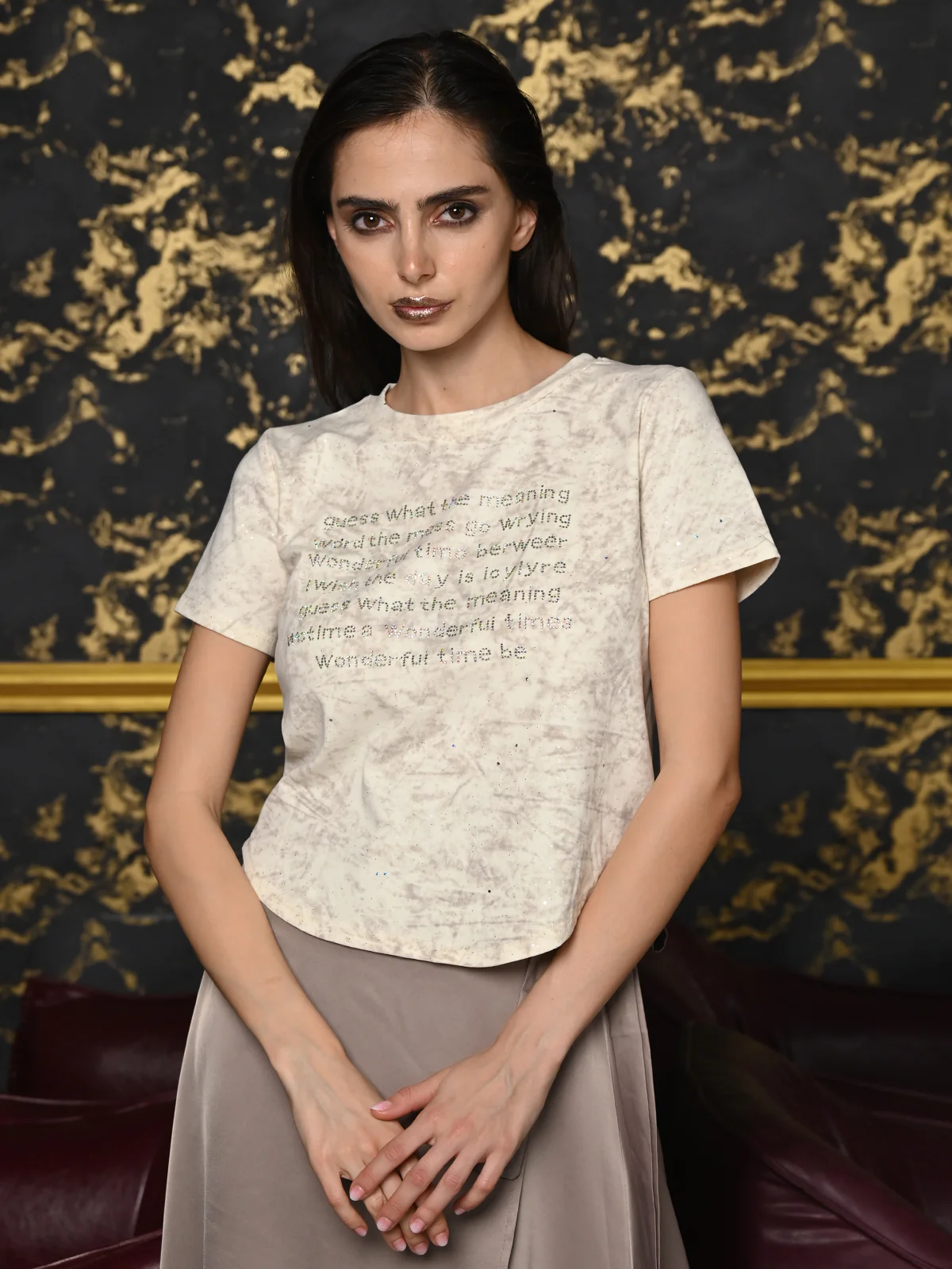 Odette Cream And Grey Cotton Jersey Embellished Top For Women - Image 2