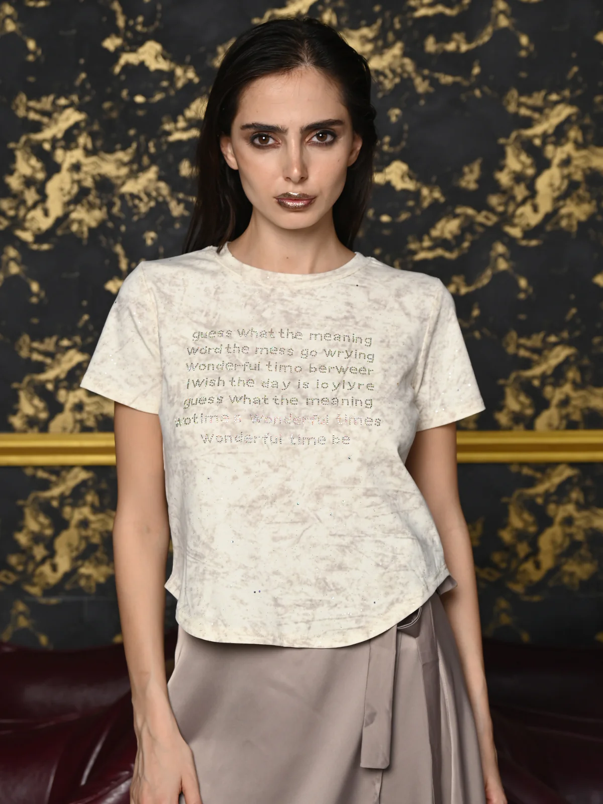 Odette Cream And Grey Cotton Jersey Embellished Top For Women - Image 3