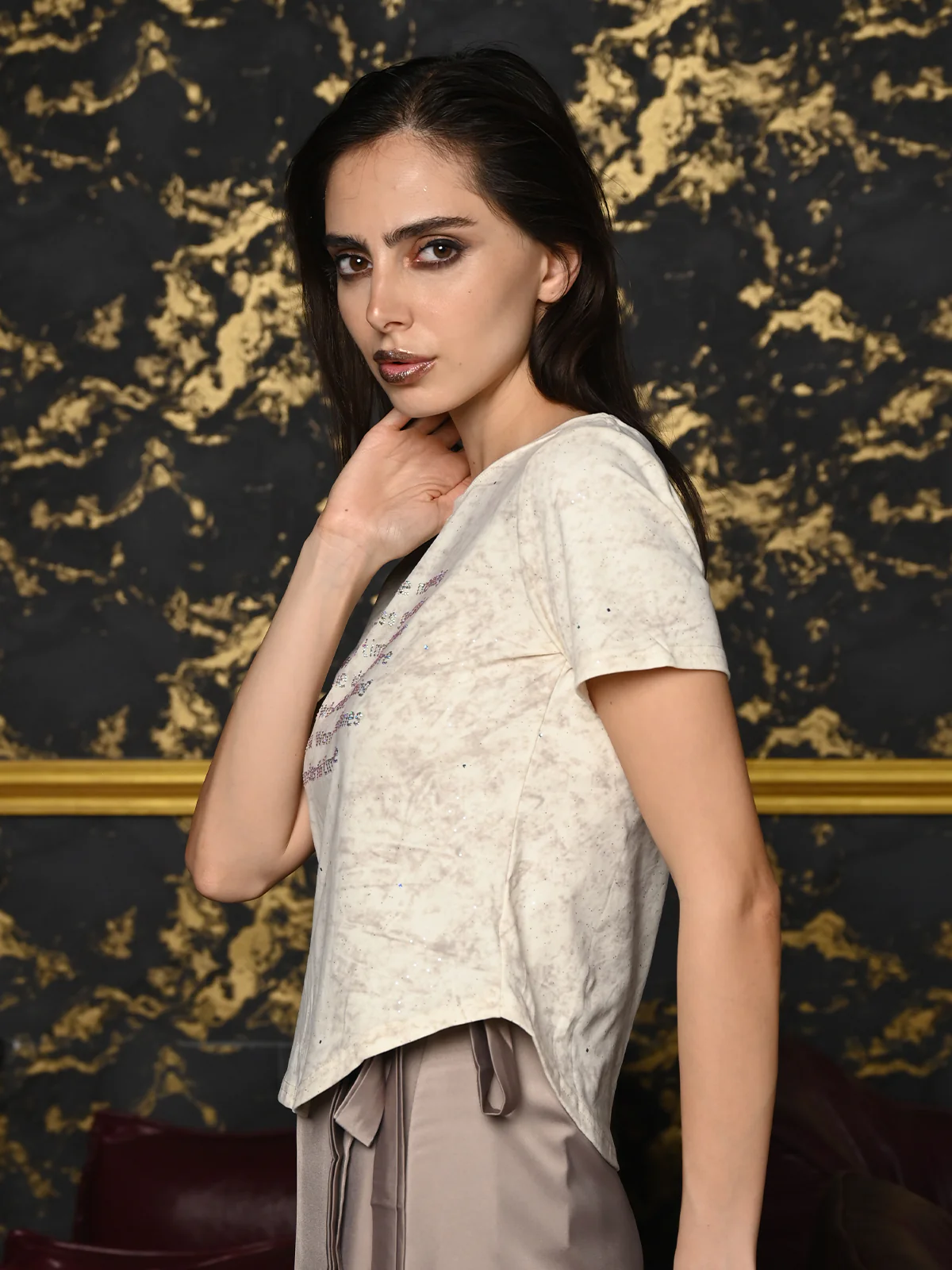 Odette Cream And Grey Cotton Jersey Embellished Top For Women - Image 4