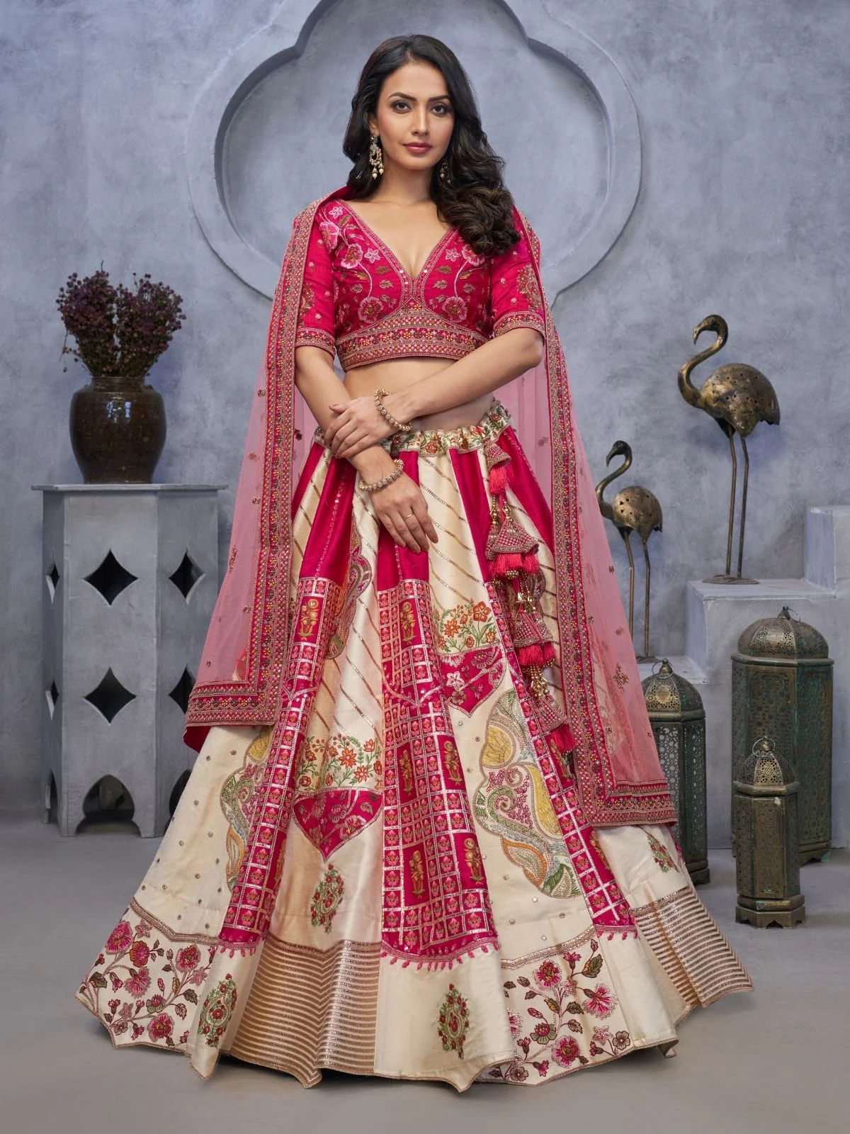 Odette Cream And Pink Organza Embroidered Semi-Stitched Lehenga With Unstitched Blouse For Women