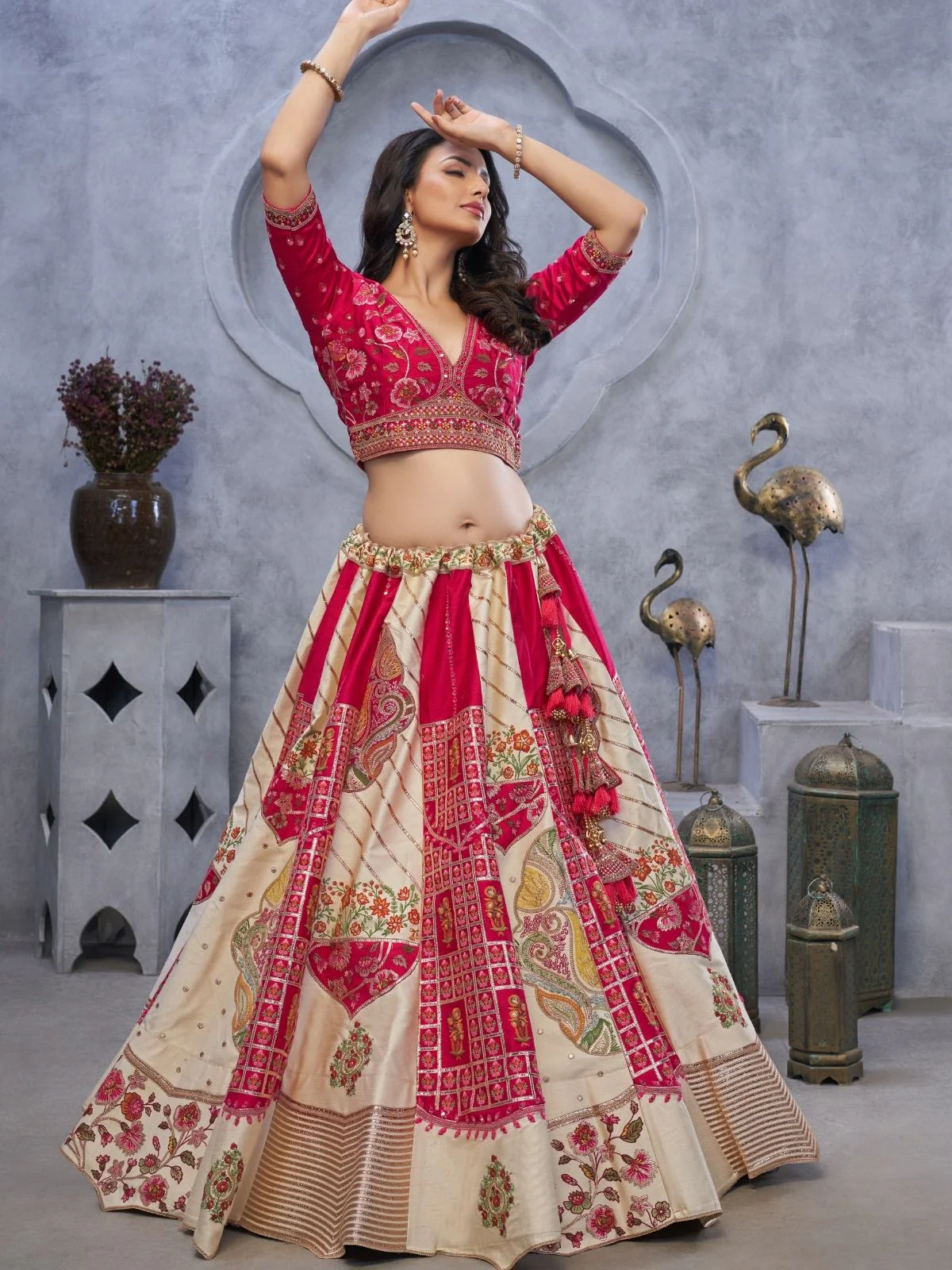 Odette Cream And Pink Organza Embroidered Semi-Stitched Lehenga With Unstitched Blouse For Women - Image 2