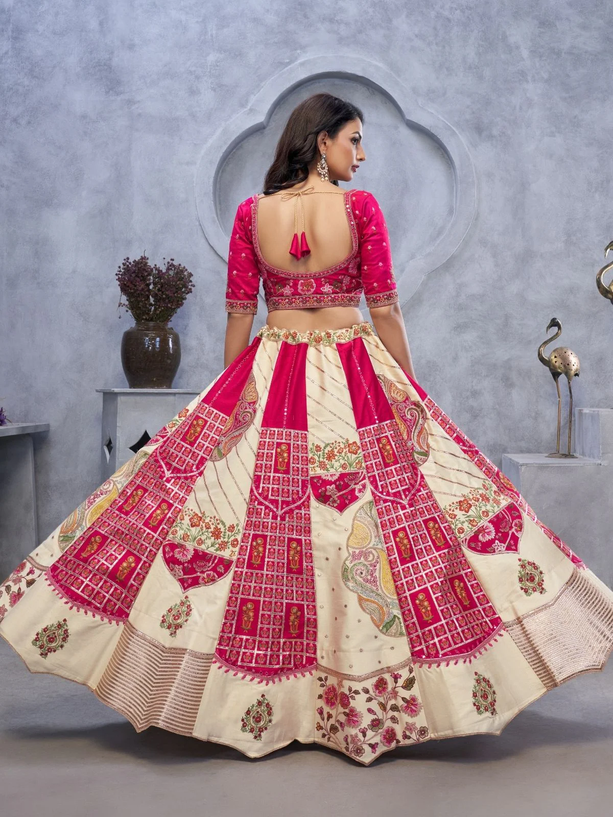 Odette Cream And Pink Organza Embroidered Semi-Stitched Lehenga With Unstitched Blouse For Women - Image 3