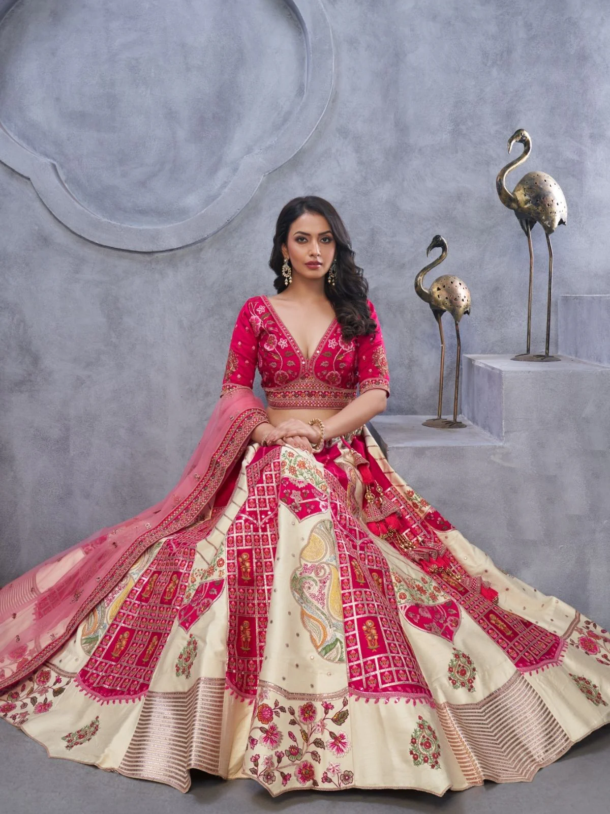 Odette Cream And Pink Organza Embroidered Semi-Stitched Lehenga With Unstitched Blouse For Women - Image 4