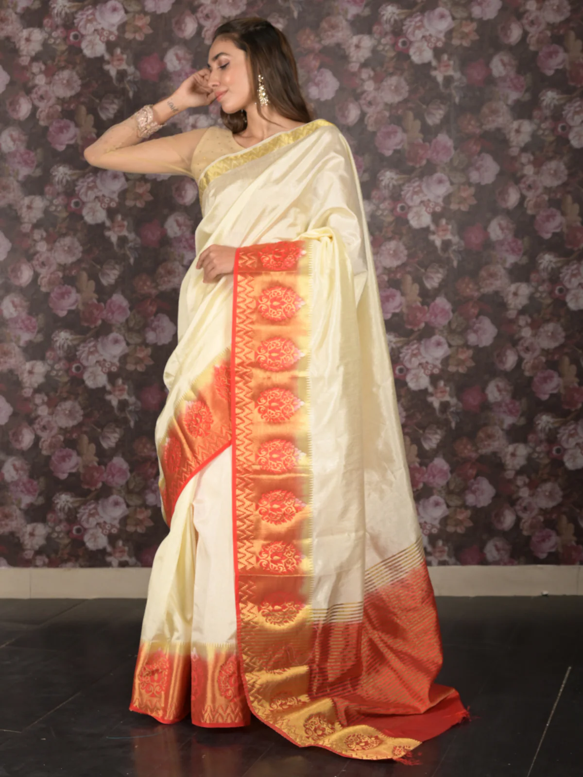 Odette Cream and Red Ethnic Woven Silk Blend Saree Without Blouse for Women - Image 2