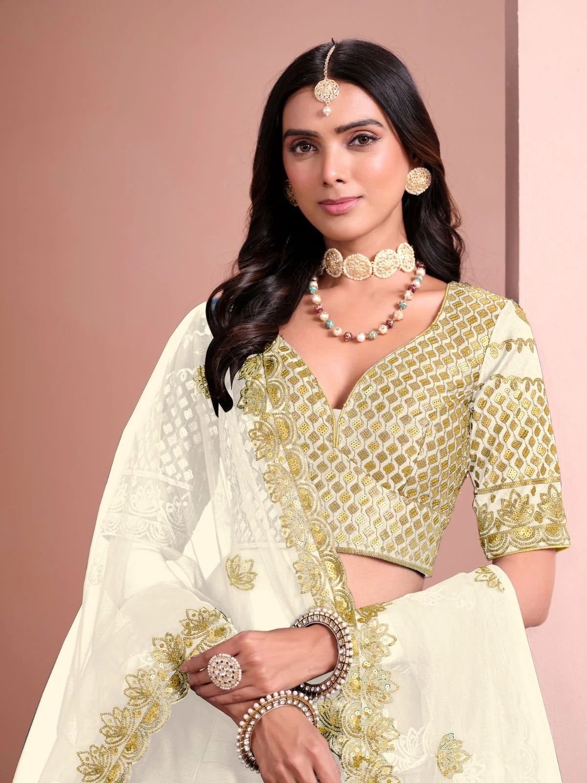 Odette Cream Art Silk Embellished Semi-Stitched lehenga For Women - Image 4