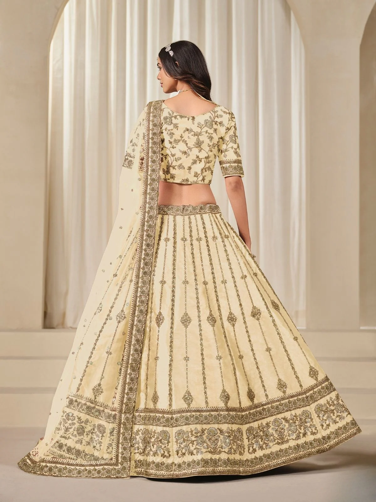 Odette Cream Art Silk Embroidered Semi-Stitched lehenga For Women - Image 3