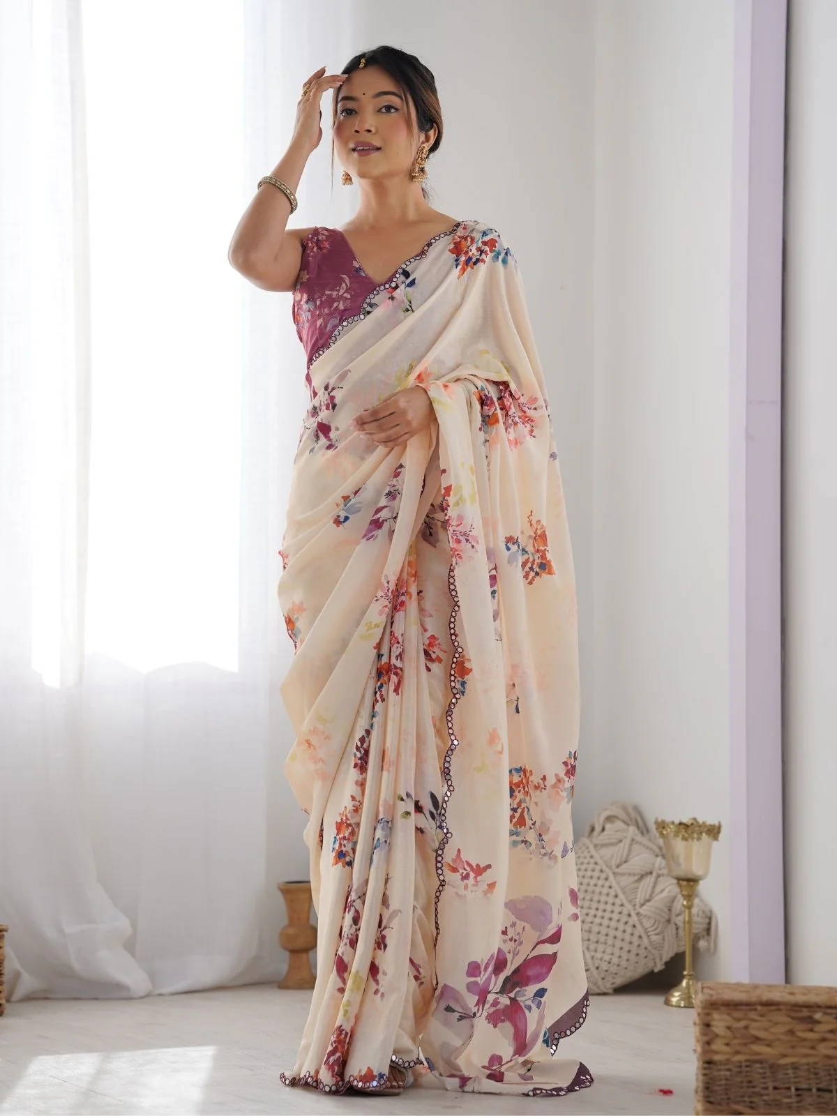 Odette Cream Chinon Printed Saree With Unstitched Blouse For Women - Image 2
