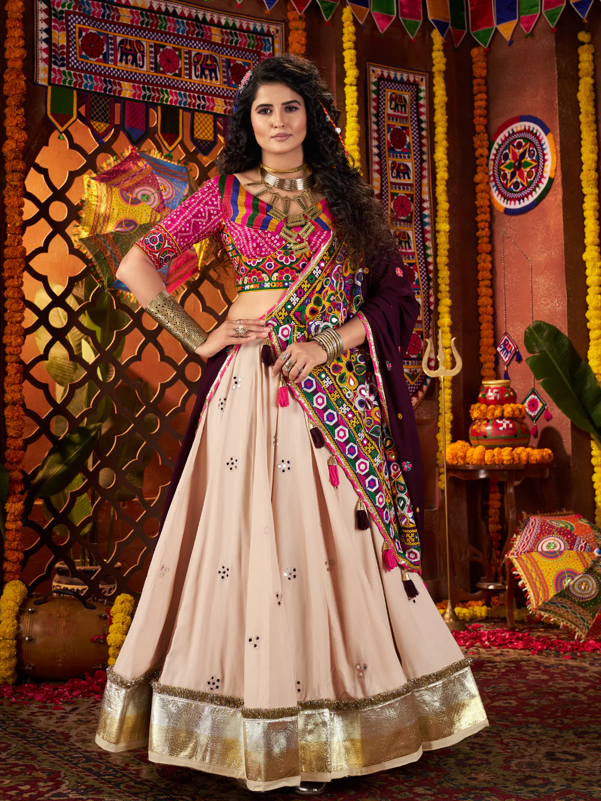 Odette Cream Cotton Blend Embroidered Mirror Semi-Stitched lehenga For Women