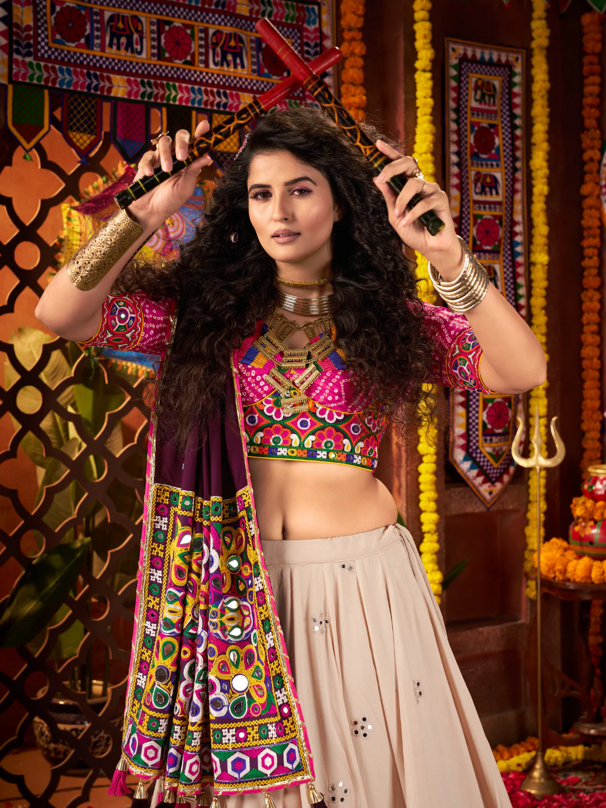 Odette Cream Cotton Blend Embroidered Mirror Semi-Stitched lehenga For Women - Image 4