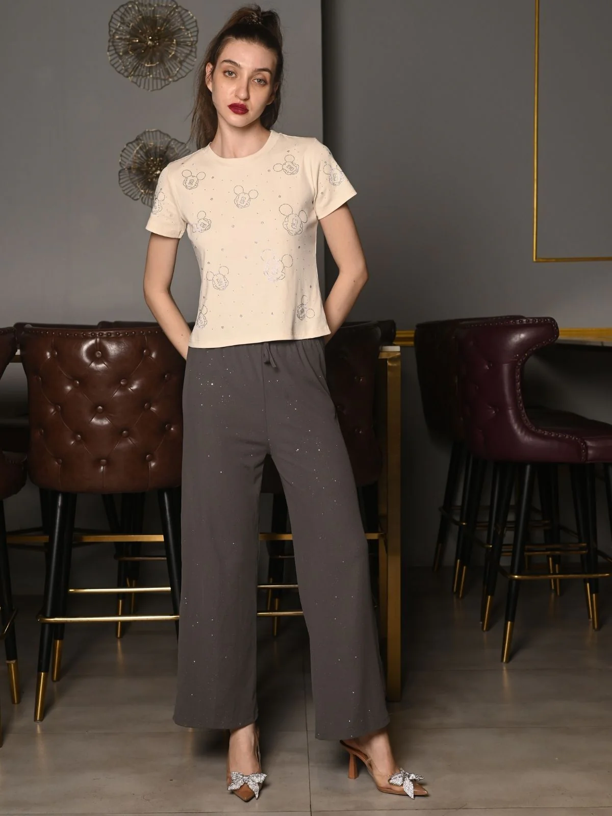Odette Cream Cotton Jersey Embellished T-Shirt For Women - Image 2