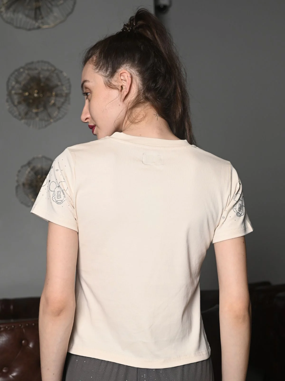 Odette Cream Cotton Jersey Embellished T-Shirt For Women - Image 4