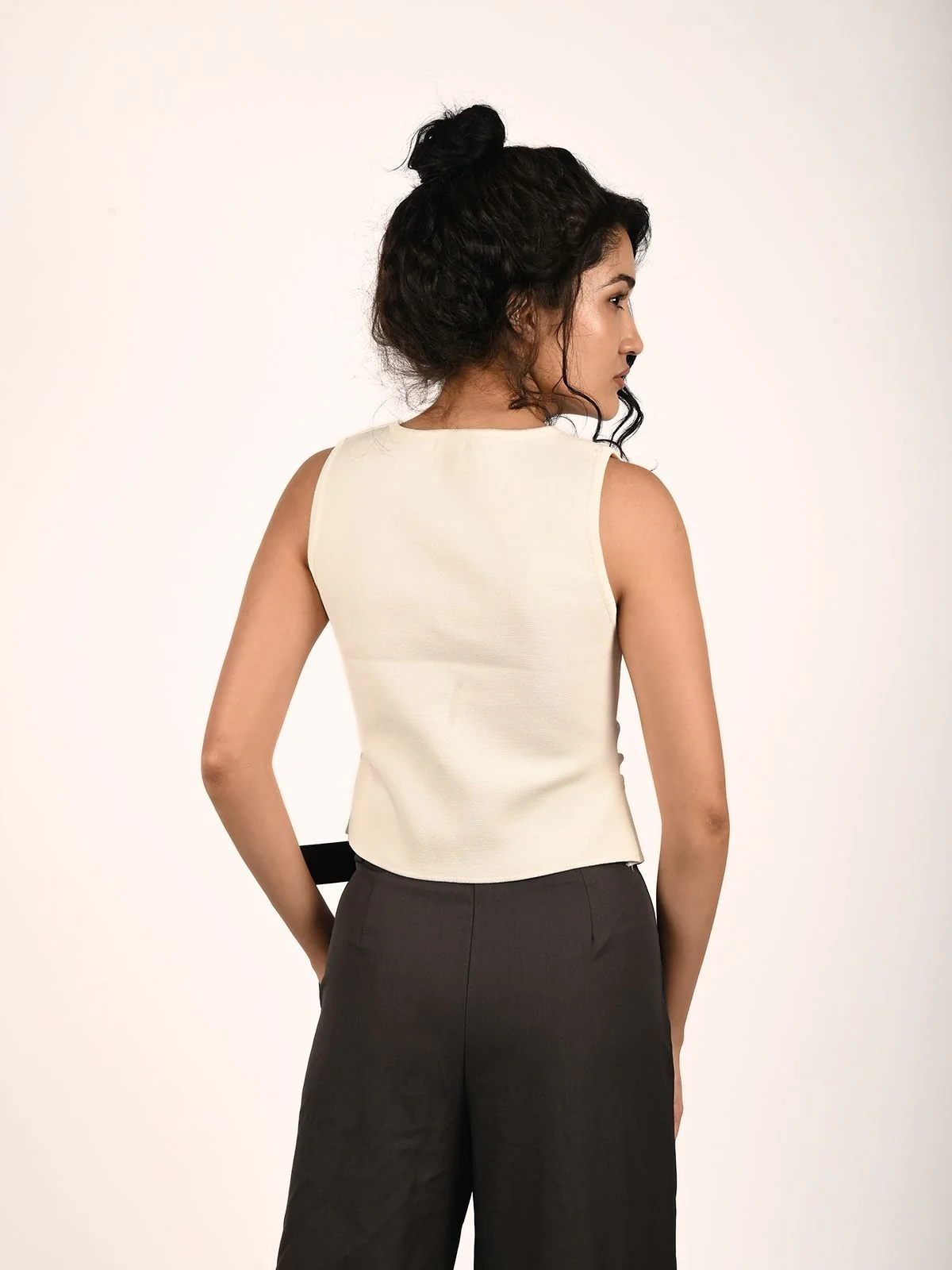 Odette Cream Cotton Lycra Solid Top For Women - Image 3