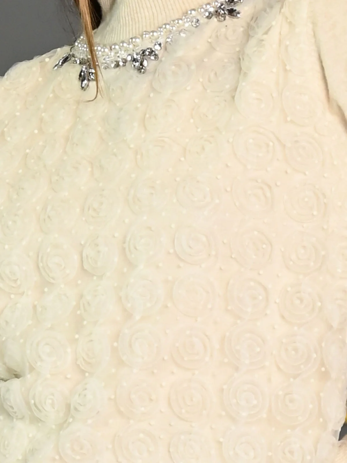 Odette Cream Cotton Rib Embellished Sweater Top For Women - Image 5