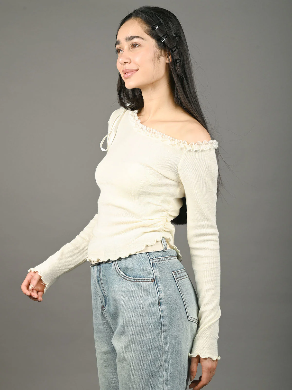 Odette Cream Cotton Rib Solid Top For Women - Image 2