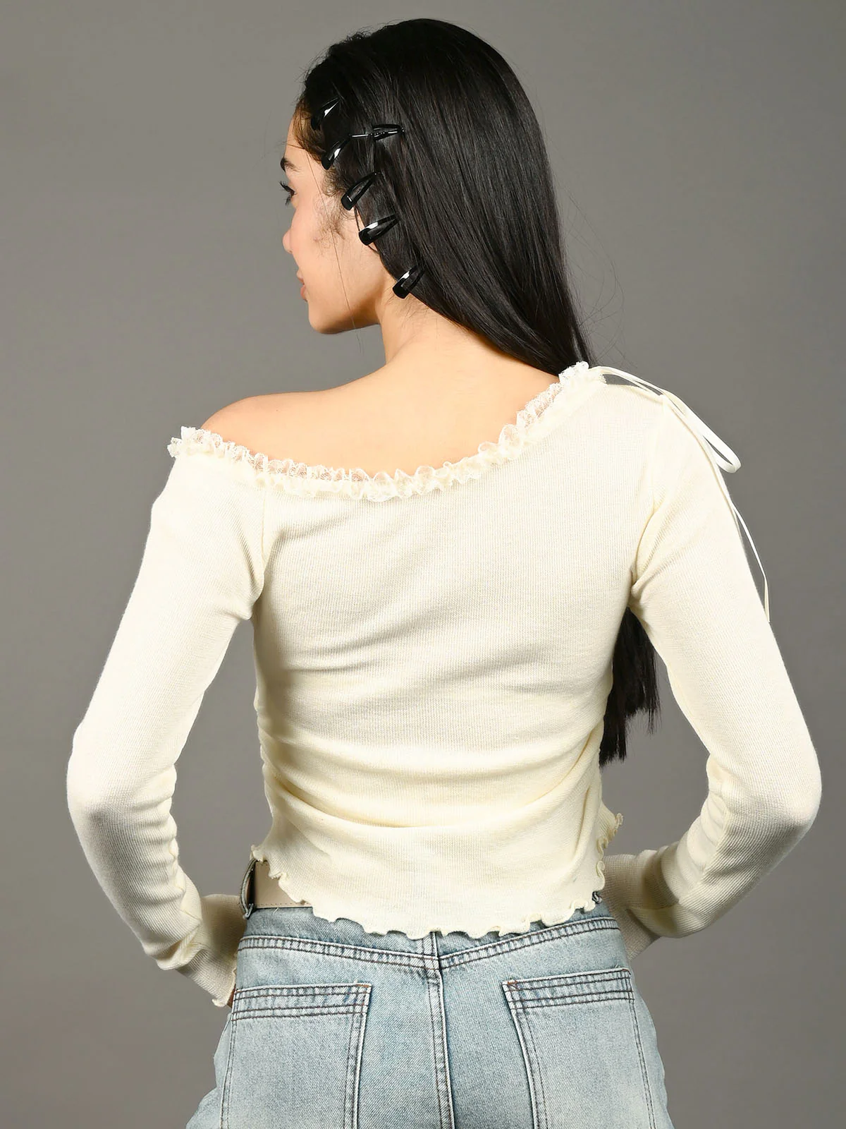 Odette Cream Cotton Rib Solid Top For Women - Image 3