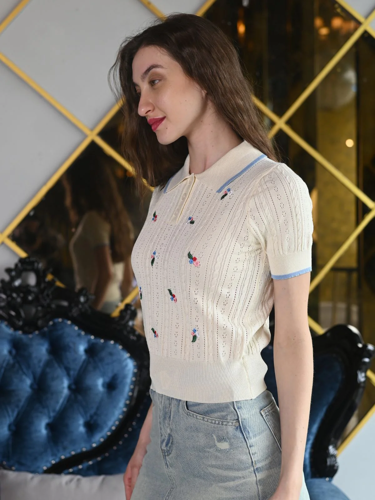 Odette Cream Designed Rib Embroidered Top For Women - Image 3