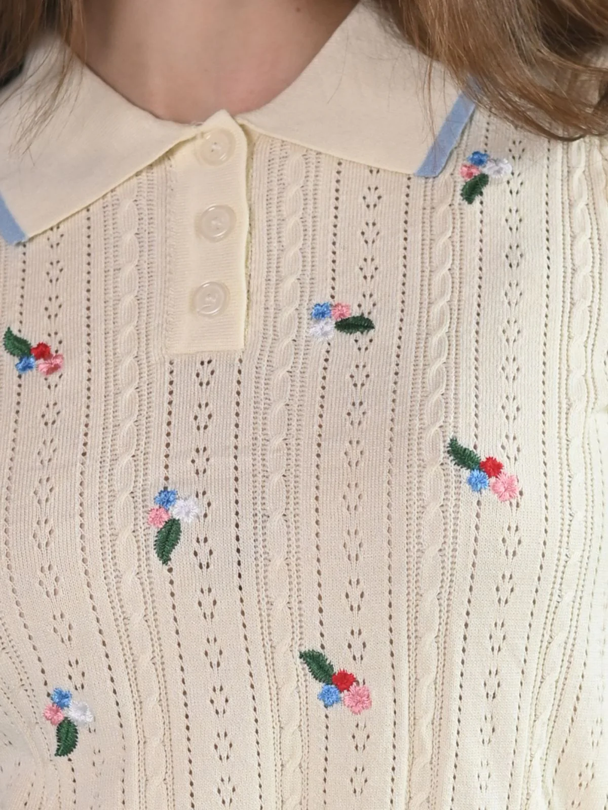 Odette Cream Designed Rib Embroidered Top For Women - Image 5