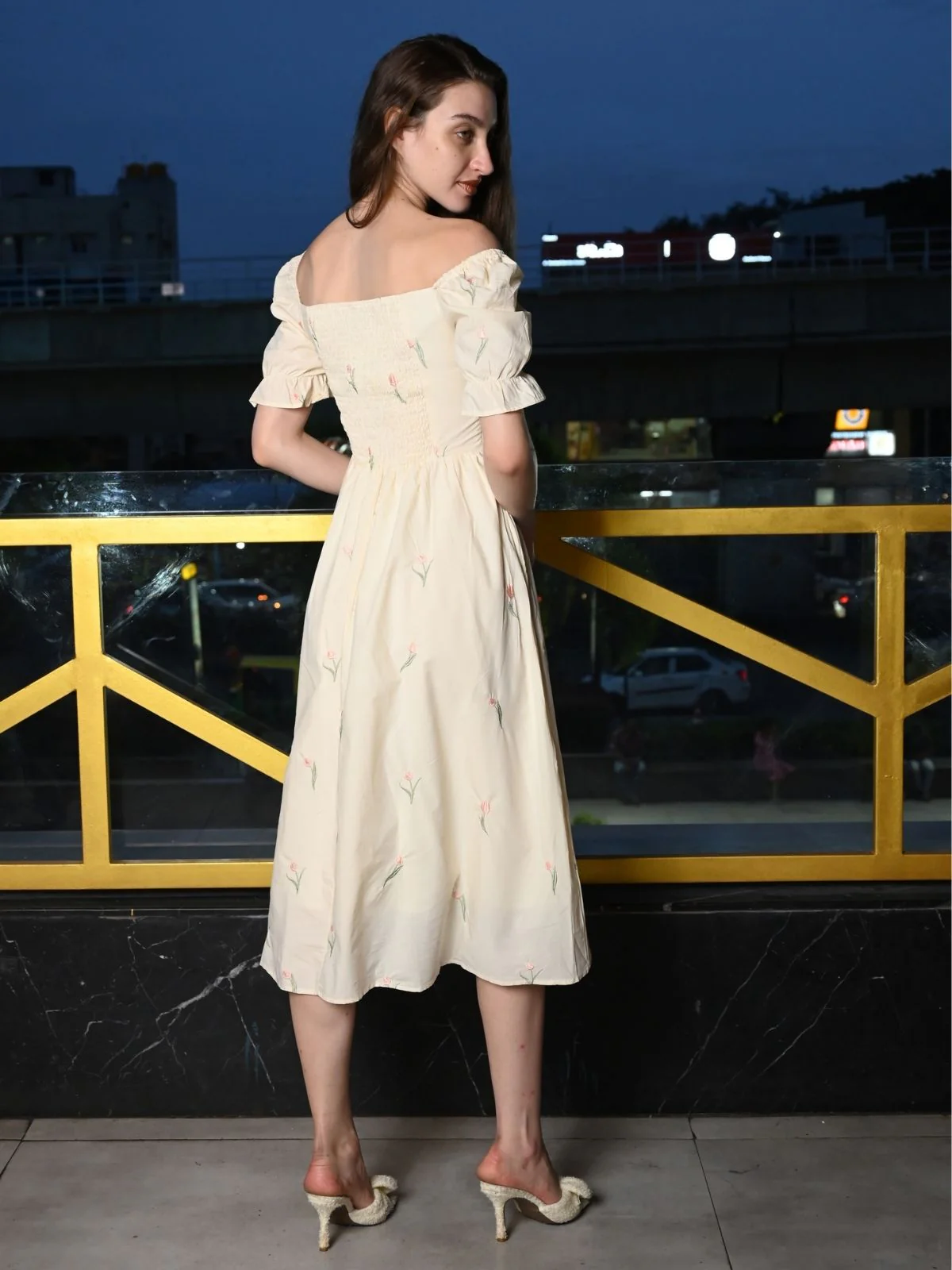 Odette Cream Cotton Embroidered Western Dress for Women - Image 5