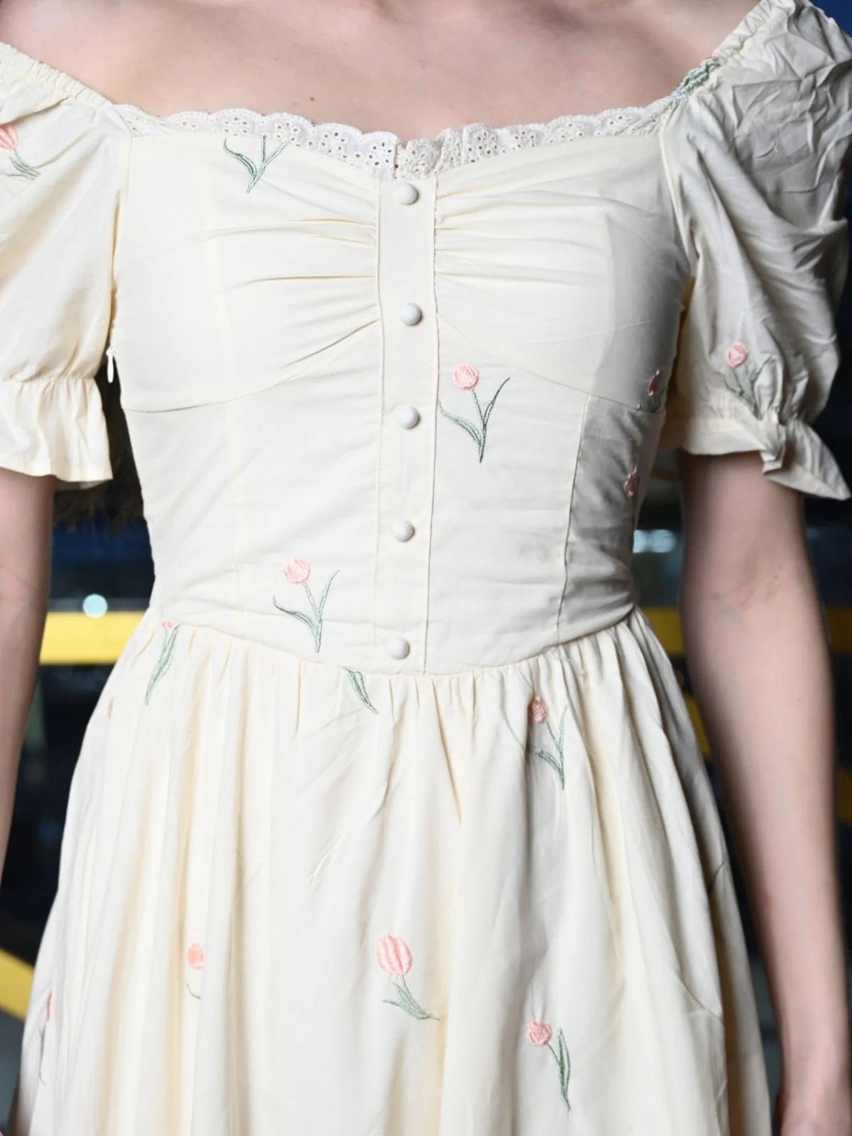 Odette Cream Cotton Embroidered Western Dress for Women - Image 6