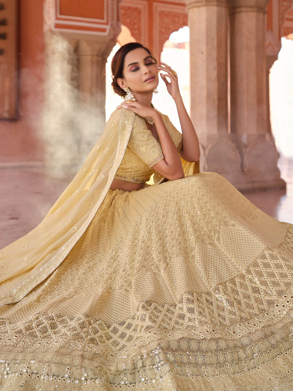 Odette Cream Embroidered Georgette Semi Stitched Lehenga With Blouse For Women - Image 2