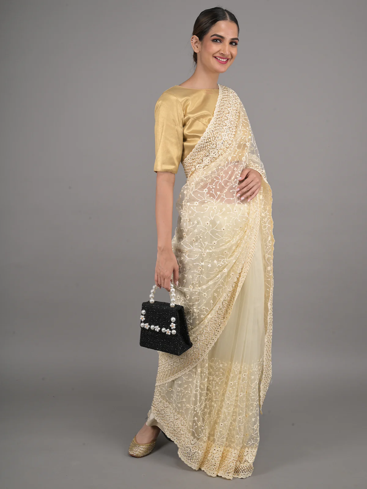 Odette Cream Embroidered Net Saree with Unstitched Blouse for Women - Image 2