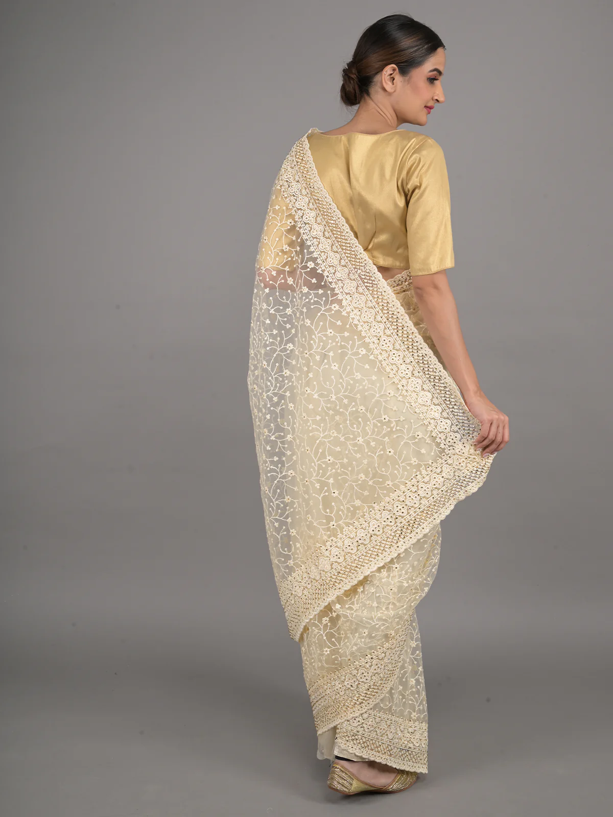 Odette Cream Embroidered Net Saree with Unstitched Blouse for Women - Image 3