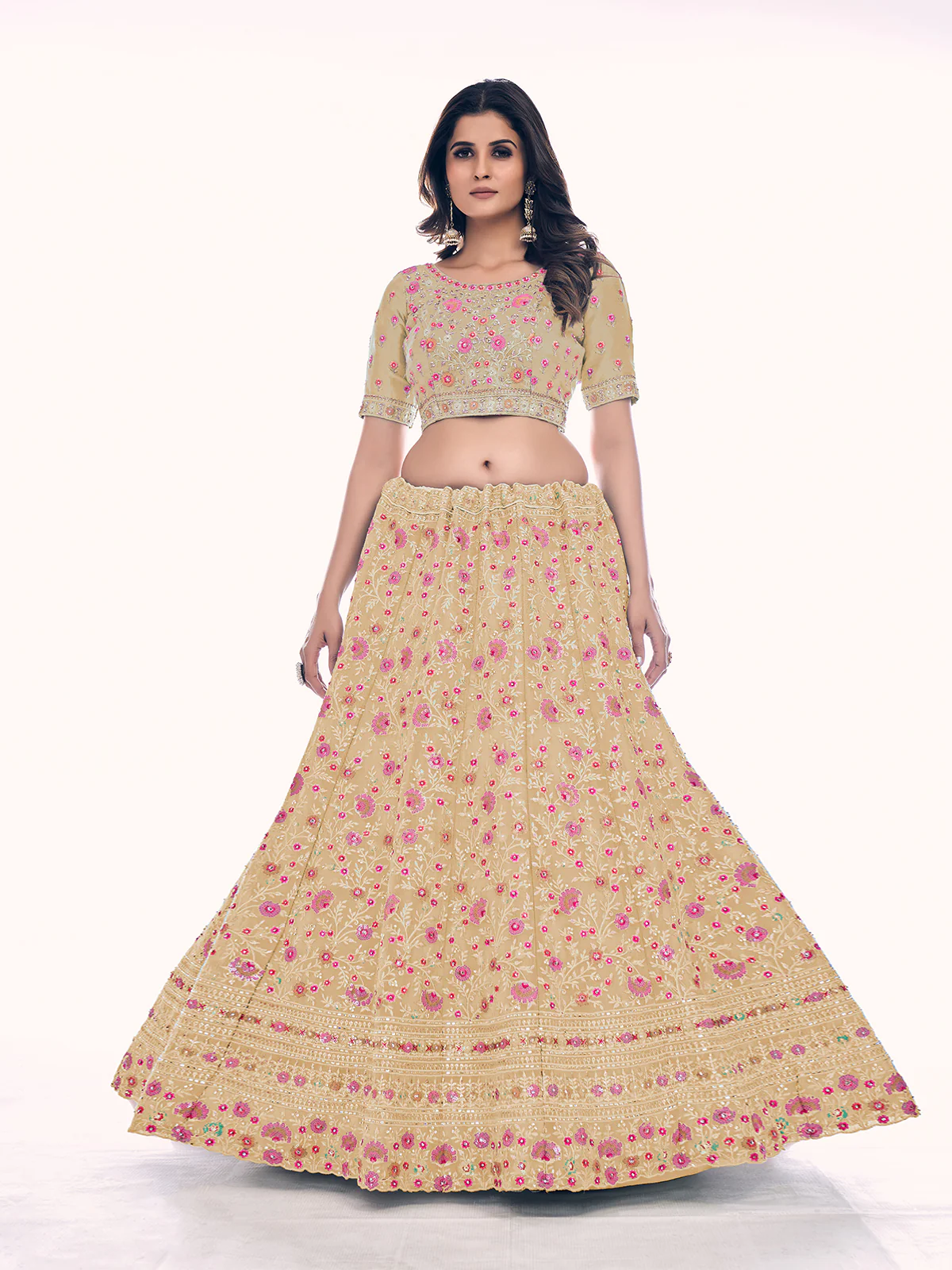 Odette Cream Embroidered Silk Blend Semi Stitched Lehenga With Blouse For Women - Image 3
