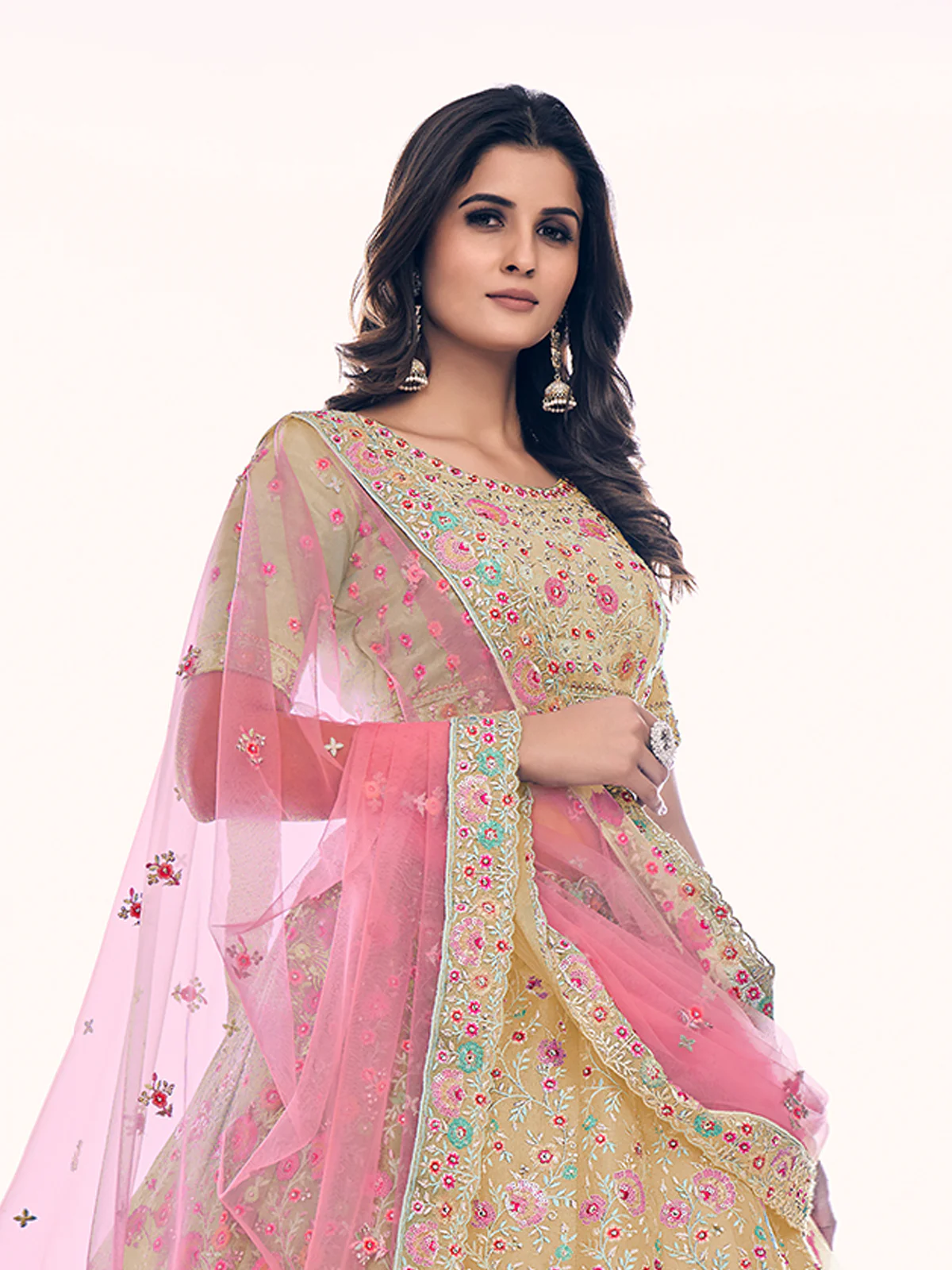 Odette Cream Embroidered Silk Blend Semi Stitched Lehenga With Blouse For Women - Image 5