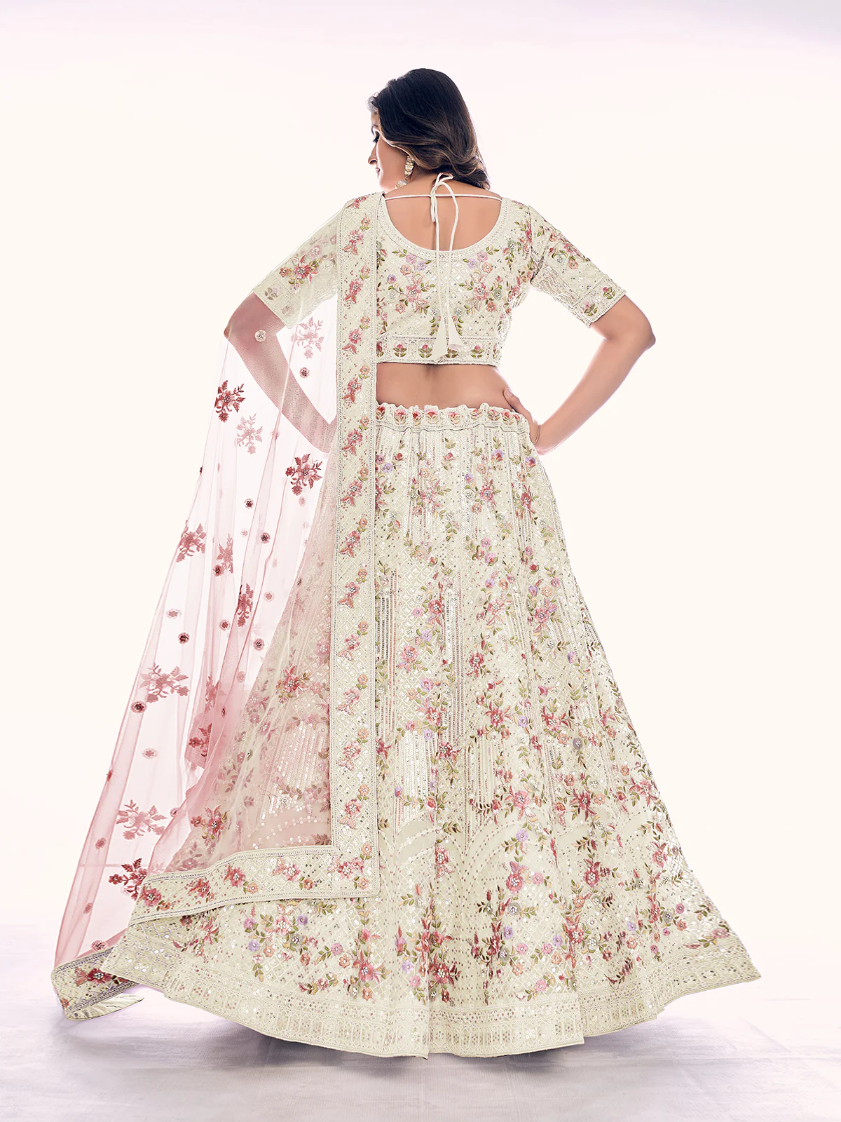 Odette Cream Embroidered Soft Net Semi Stitched Lehenga With Blouse For Women - Image 4