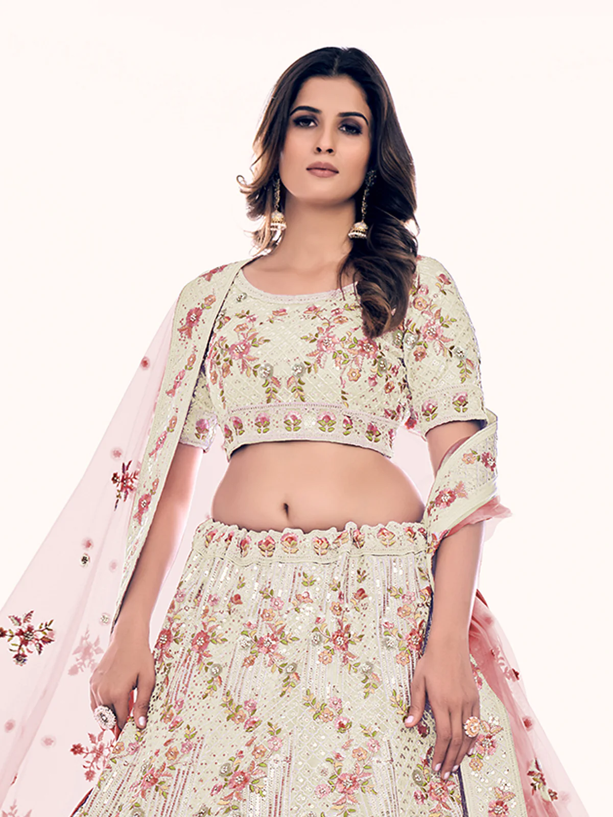 Odette Cream Embroidered Soft Net Semi Stitched Lehenga With Blouse For Women - Image 5