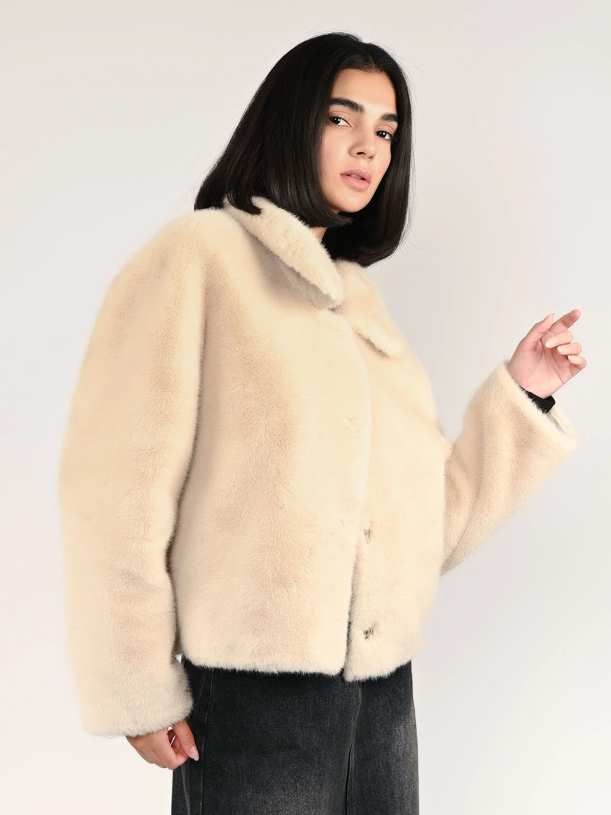 Odette Cream Faux Fur Solid Jacket For Women - Image 2