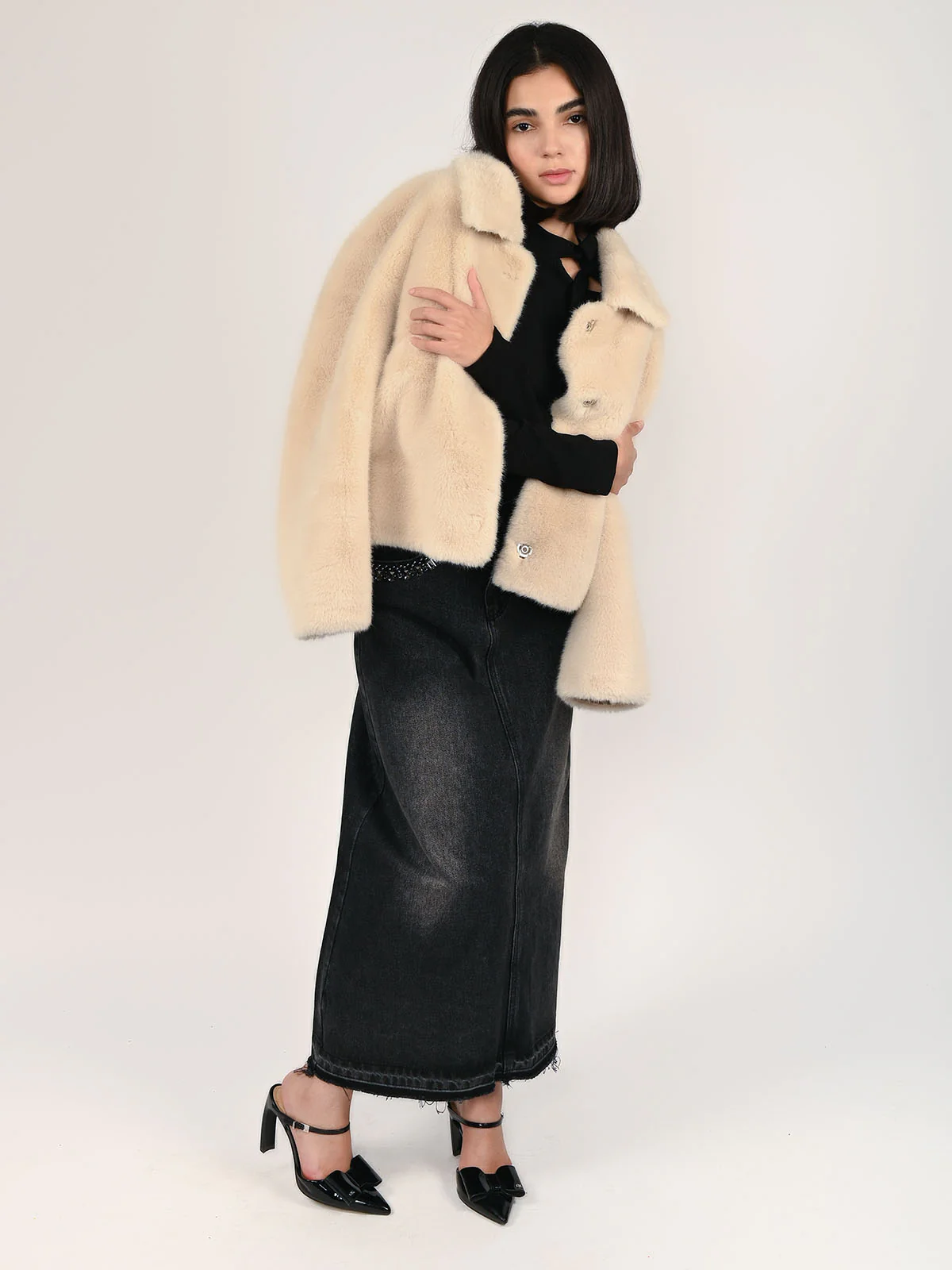 Odette Cream Faux Fur Solid Jacket For Women - Image 5