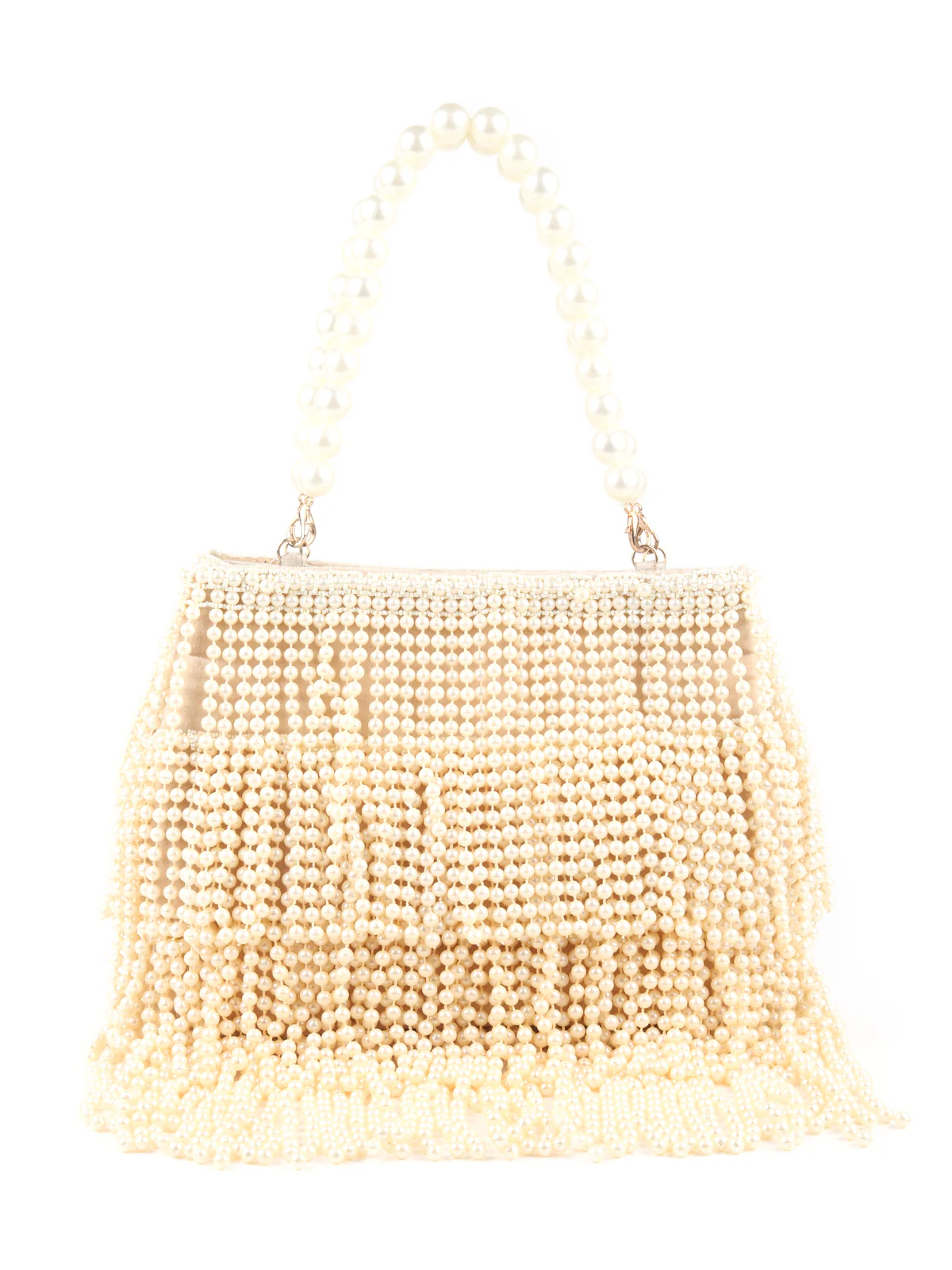 Odette Cream Full Pearls Embroidered Tassels Hand Bag for Women - Image 3