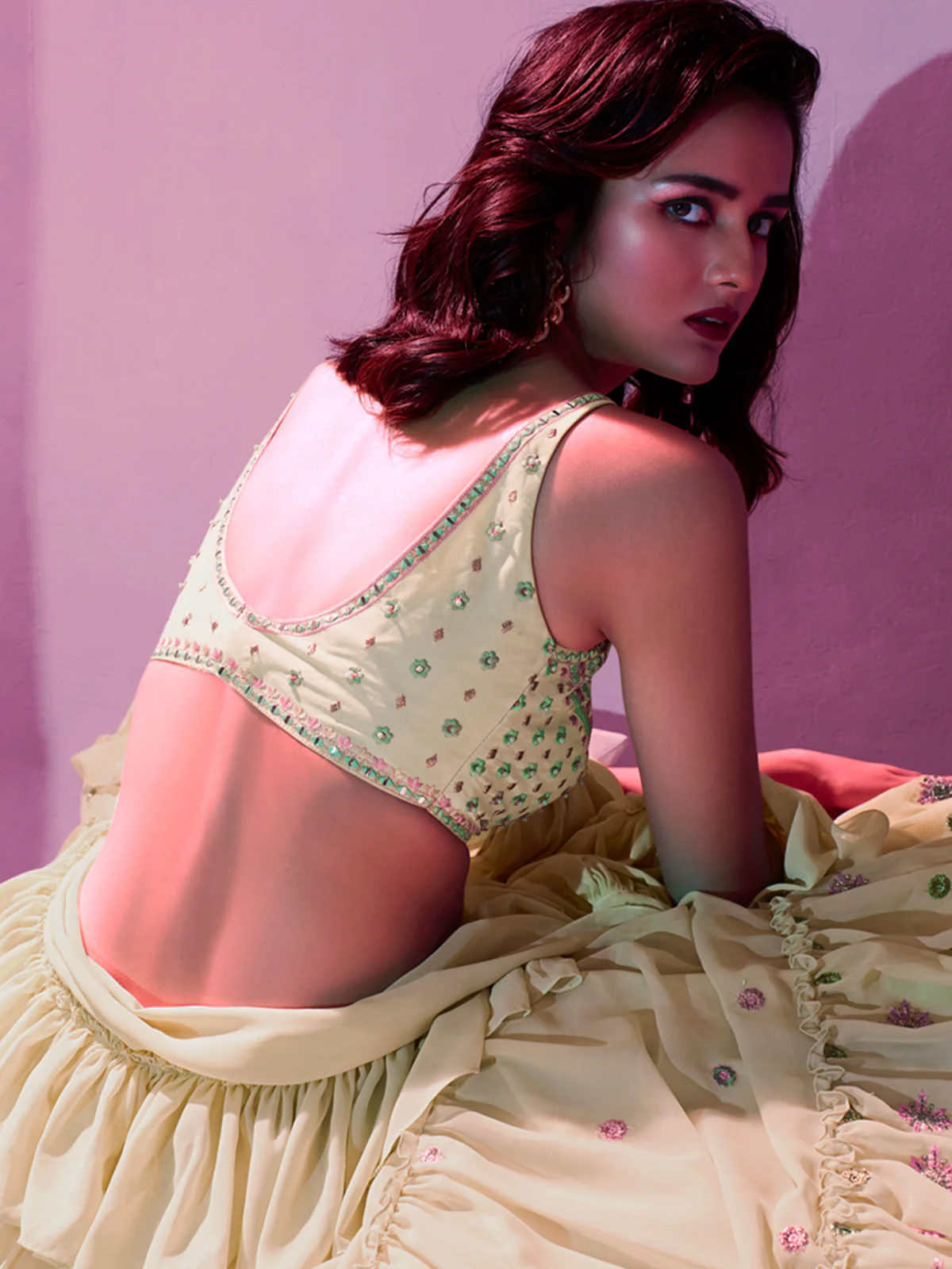 Odette Cream Georgette Embellished Semi Stitched Lehenga With Unstitched Blouse For Women - Image 4