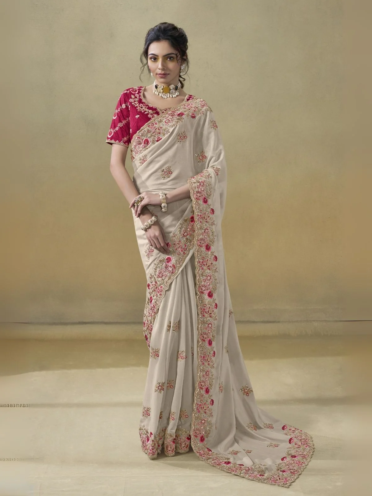 Odette Cream Georgette Embroidered Elegant Saree For Women