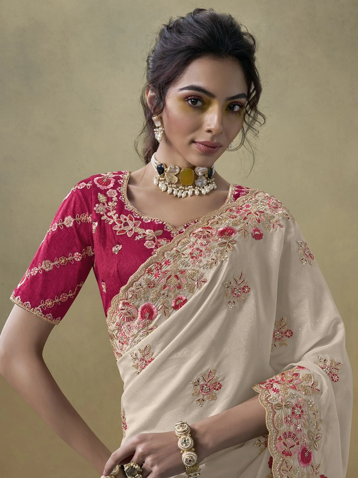 Odette Cream Georgette Embroidered Elegant Saree For Women - Image 2