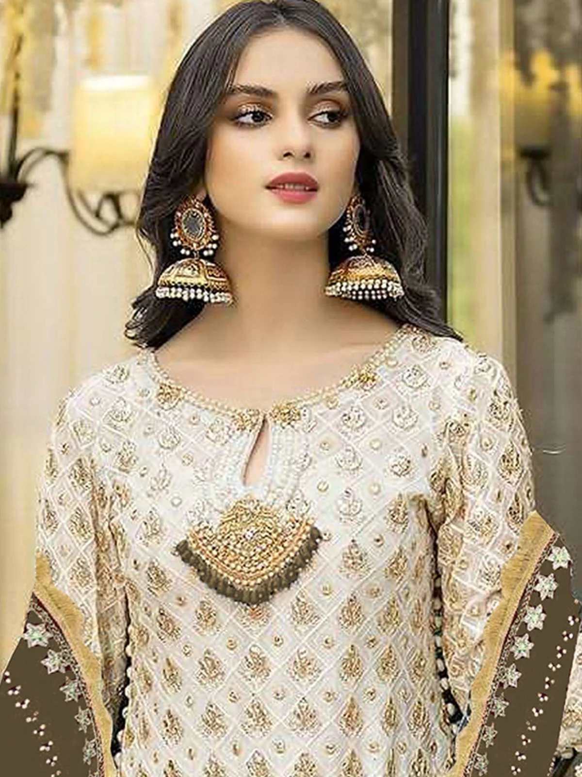Odette Cream Georgette Embroidered Semi Stitched Kurta Set For Women - Image 2
