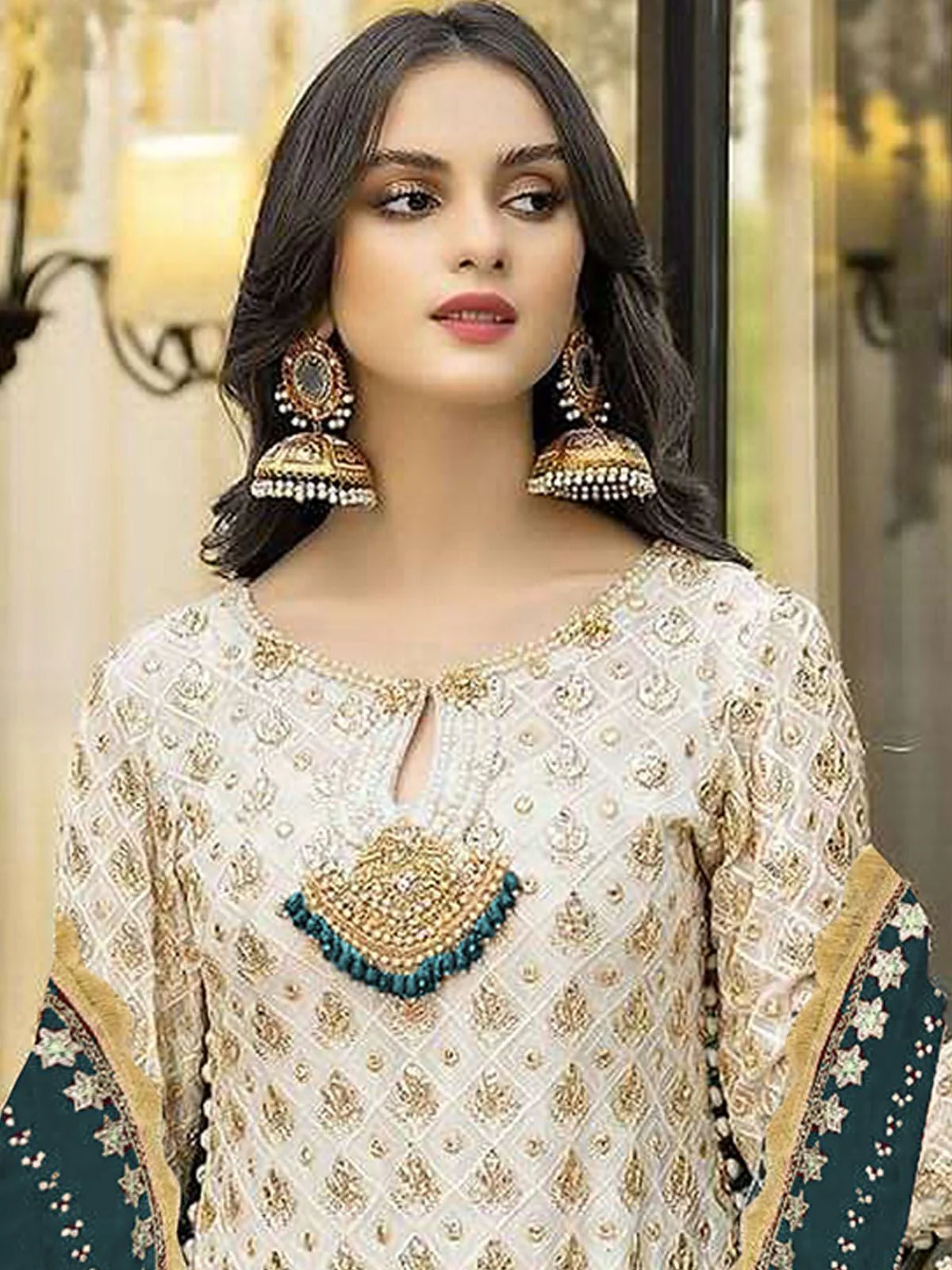 Odette Cream Georgette Embroidered Semi Stitched Kurta Set For Women - Image 2