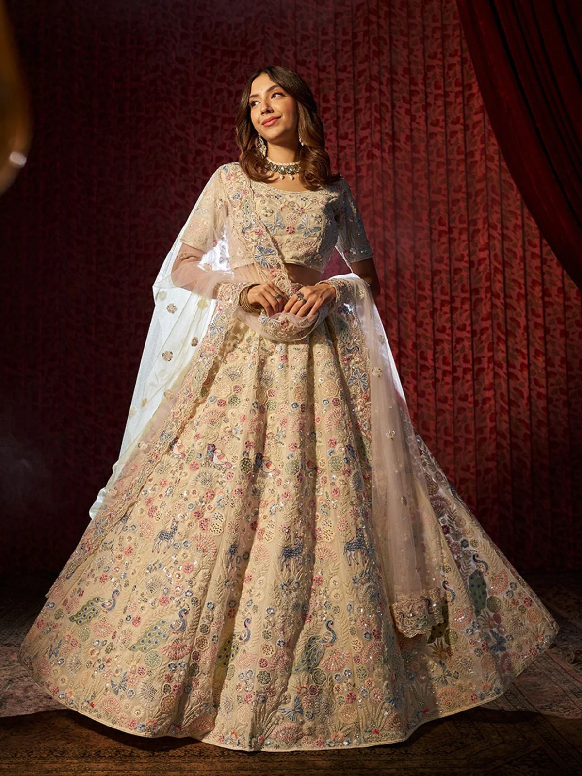 Odette Cream Georgette Embroidered Semi-Stitched Lehenga For Women - Image 2