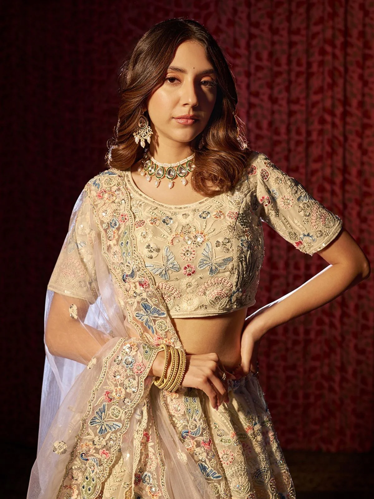Odette Cream Georgette Embroidered Semi-Stitched Lehenga For Women - Image 3