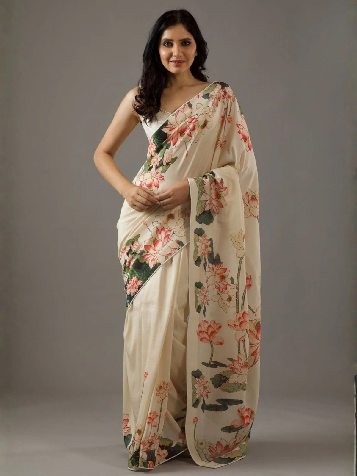 Odette Cream Georgette Floral Print Saree For Women