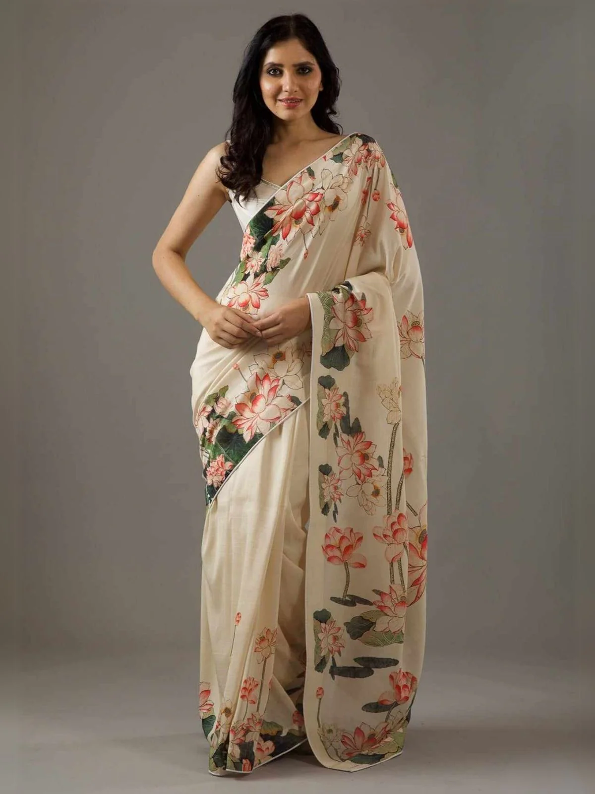 Odette Cream Georgette Lotus Printed Saree With Unstitched Blouse For Women