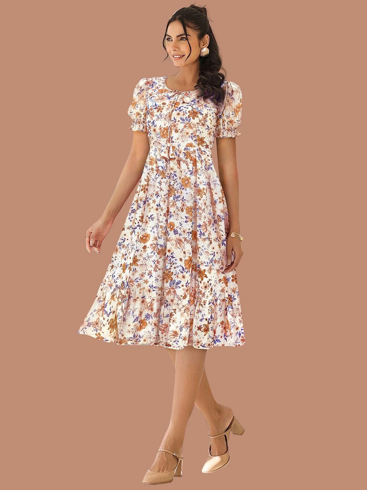 Odette Cream Georgette Printed Dress For Women - Image 2