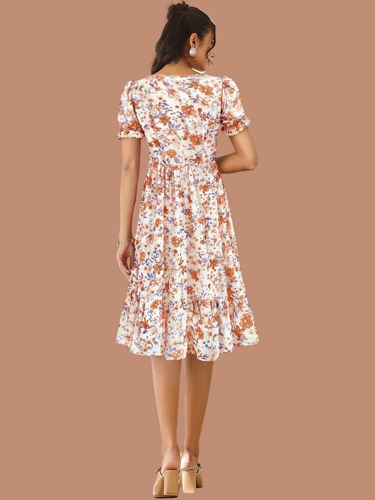 Odette Cream Georgette Printed Dress For Women - Image 3