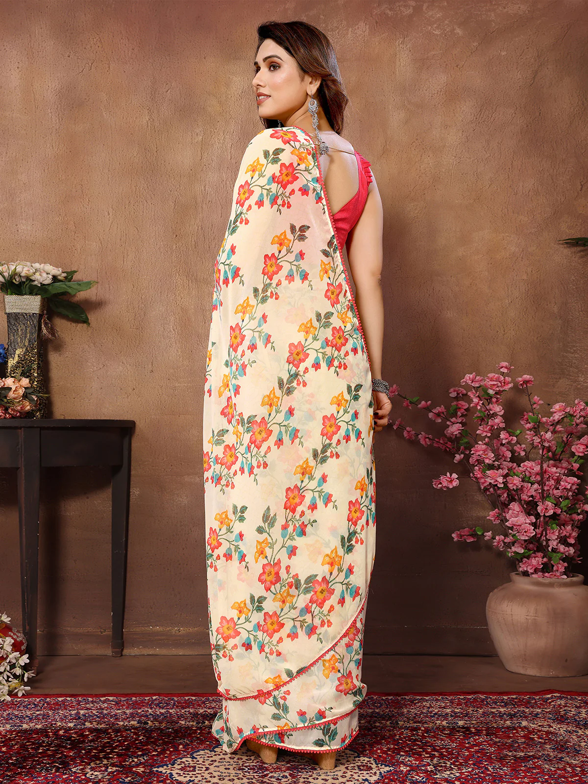 Odette Cream Georgette Printed Ready To Wear Saree With Unstitched Blouse For Women - Image 2