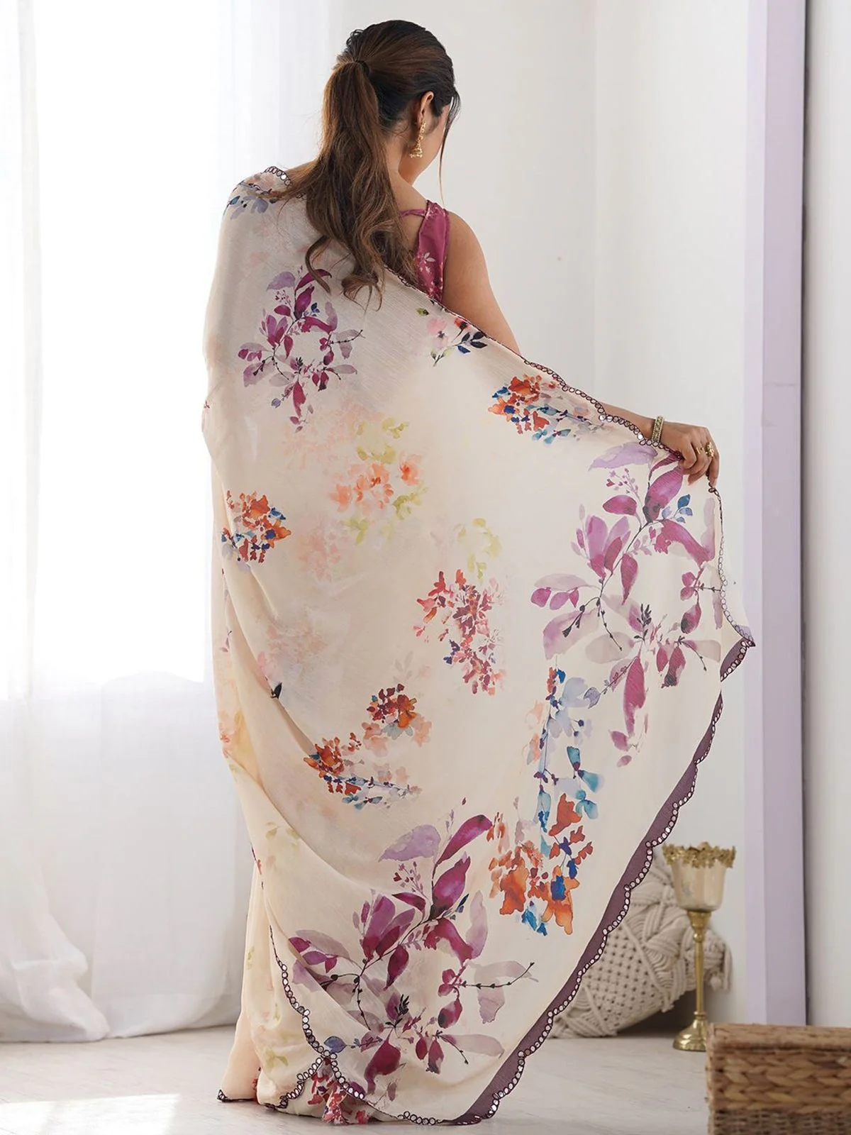 Odette Cream Georgette Printed Saree For Women - Image 5
