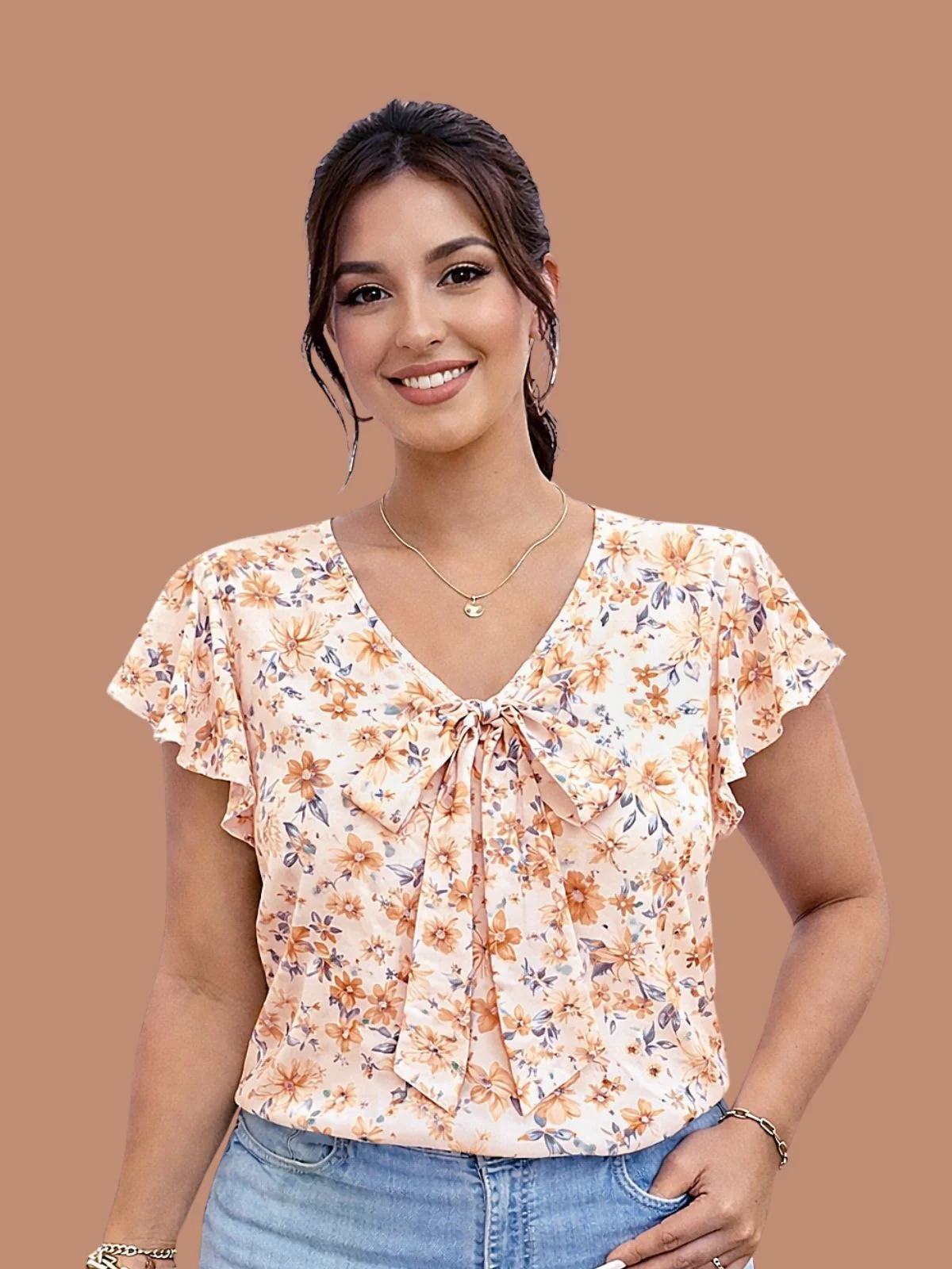 Odette Cream Georgette Printed Top For Women - Image 4