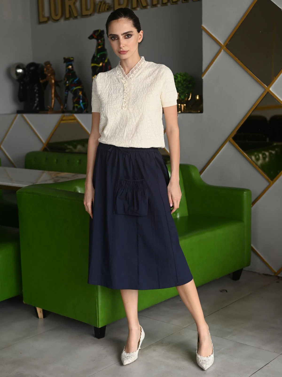 Odette Cream Jacquard Rib Top For Women - Image 2