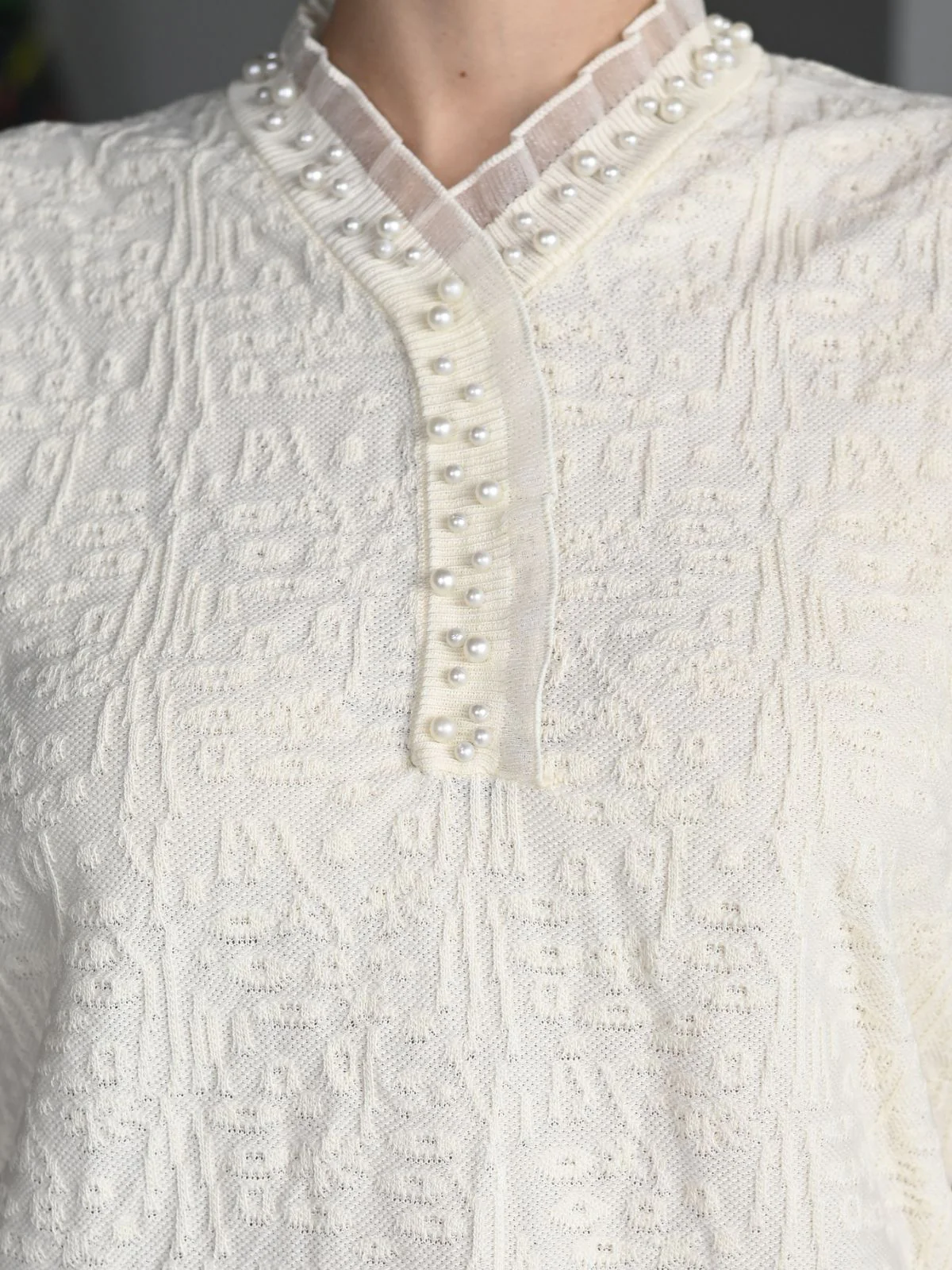 Odette Cream Jacquard Rib Top For Women - Image 5